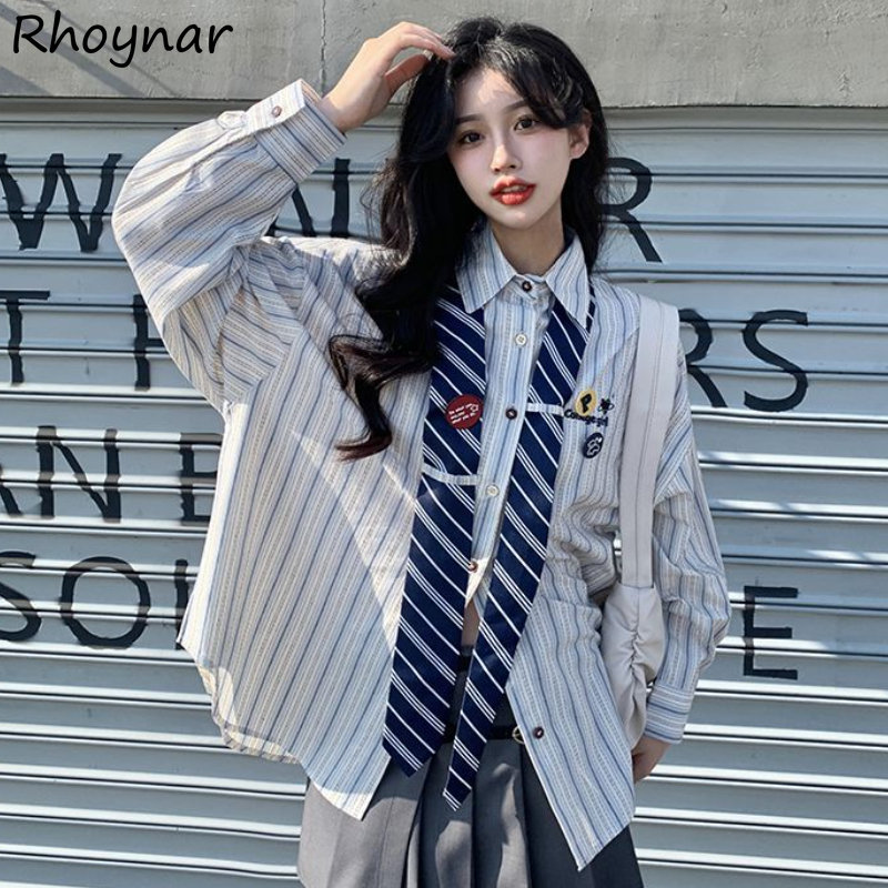 Street Fashion Youth - Kemeja Bergaris Wanita Longgar Preppy Remaja