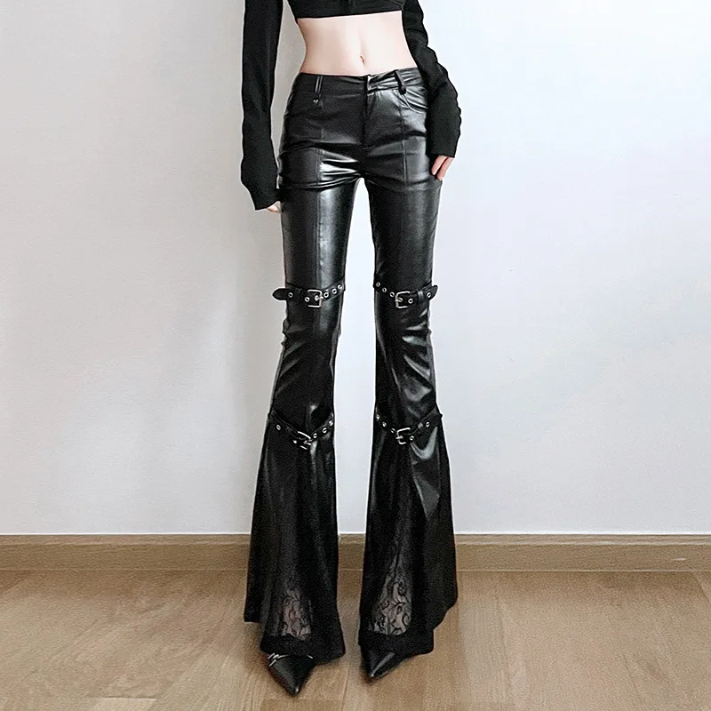 Street Fashion Y2K - Celana Kulot Kulit PU Wanita, Gesper